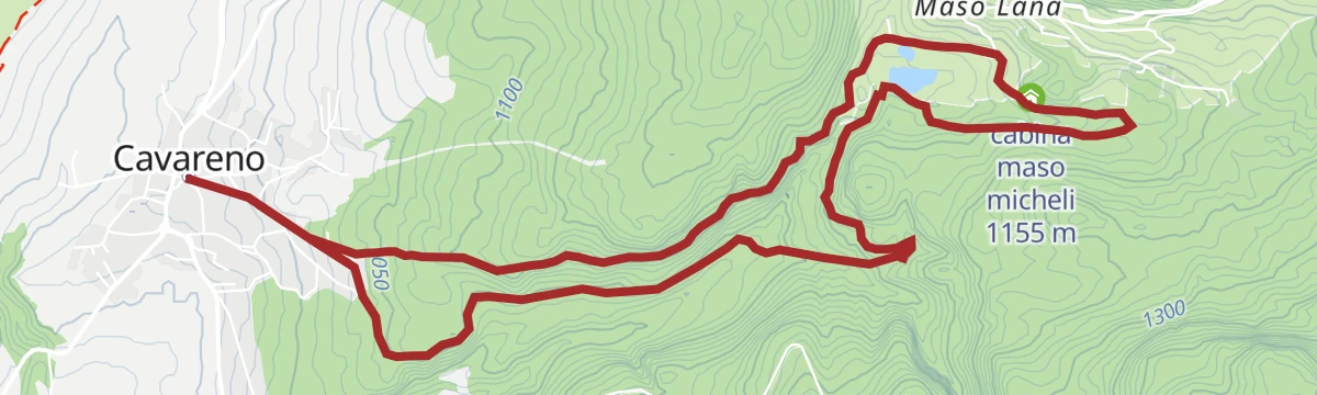 Route map: Loop trail from the centre of Cavareno to Lakes Masi in Ruffrè along the Linòr valley